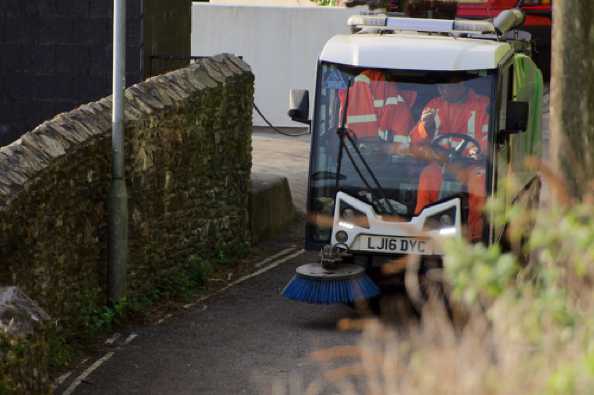 21 April 2020 - 07-38-53 
Confused by the frequent visits  to Above Town of the road sweeper. But he's not sweeping the road, but emptying the doggie dos bins.
----------------------
Dartmouth road sweeper